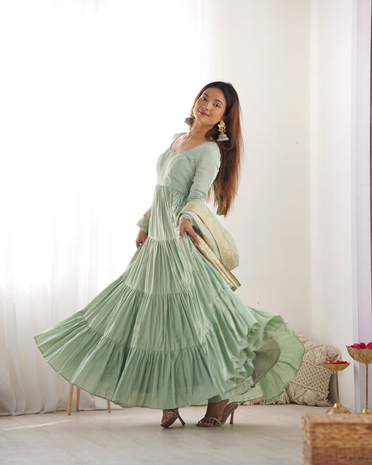 Pista green Anarkali dress with matching Banarasi dupatta