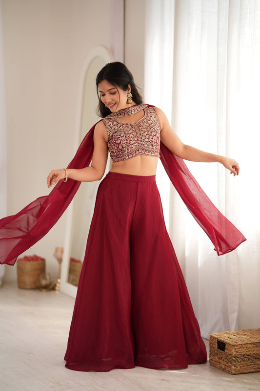 Maroon Crunchy Silk Crop Top Palazzo Set with Embroidery Thread & Sequence Work