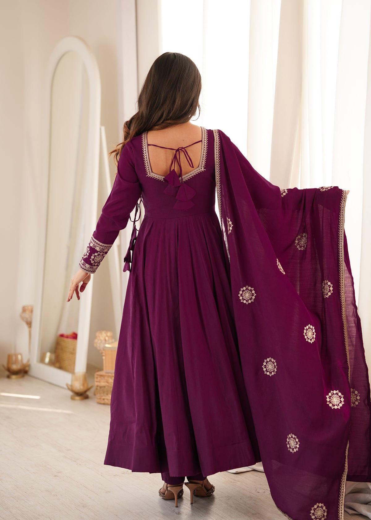 Plum Purple Silk Anarkali with Golden Embroidery & Matching Dupatta