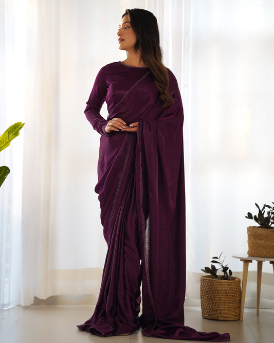 Wine marble velvet Pre draped Saree