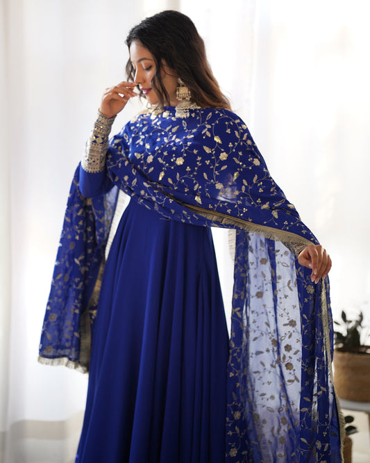 Royal Blue Floor Length Anarkali Dress with Golden Embroidered Dupatta