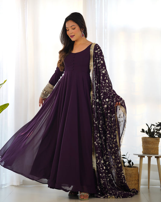 Wine Floor Length Anarkali Dress with Golden Embroidered Dupatta