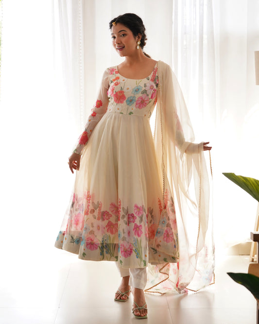 Cream floral printed Anarkali suit with dupatta