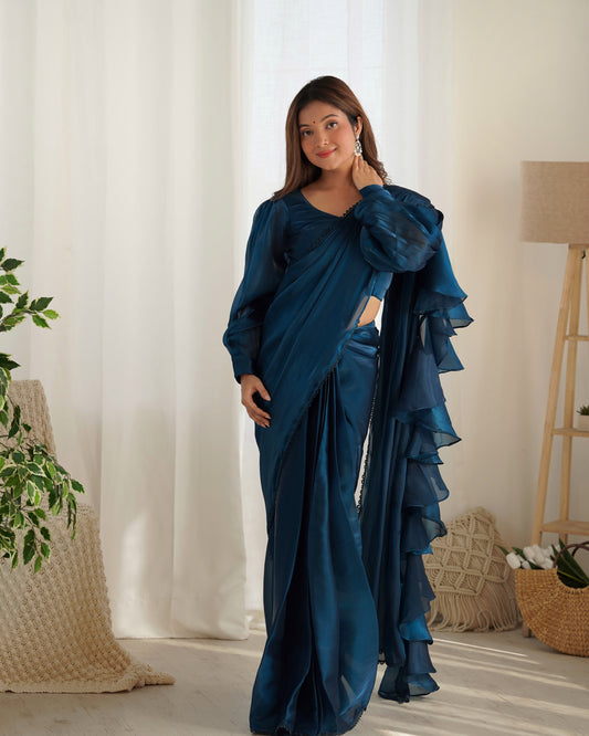 Teal Blue Color Jimmy Choo organza Pre Drapped Saree