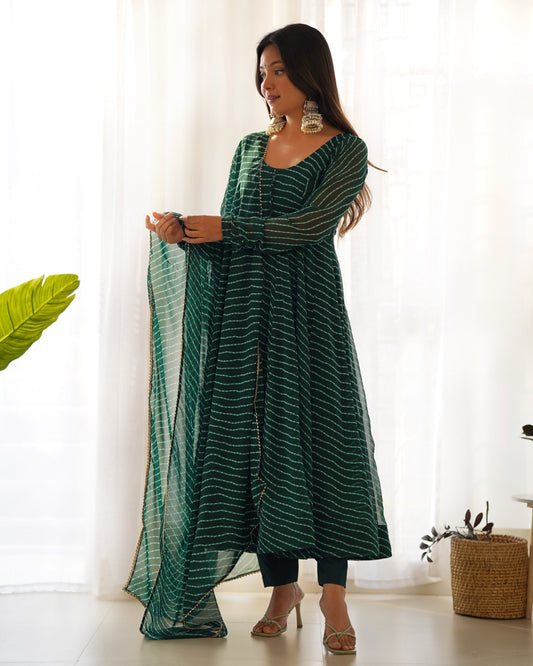 Dark Green Bandhani Striped Anarkali Kurta Set with Dupatta