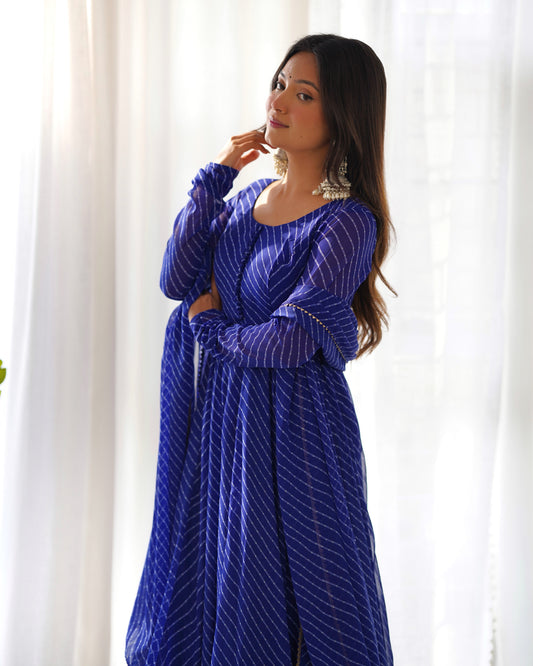 Blue Bandhani Striped Anarkali Kurta Set with Dupatta