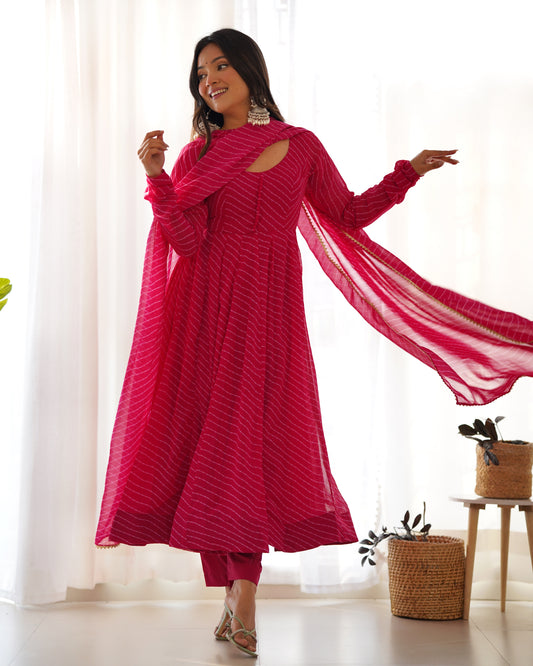 Pink Bandhani Striped Anarkali Kurta Set with Dupatta