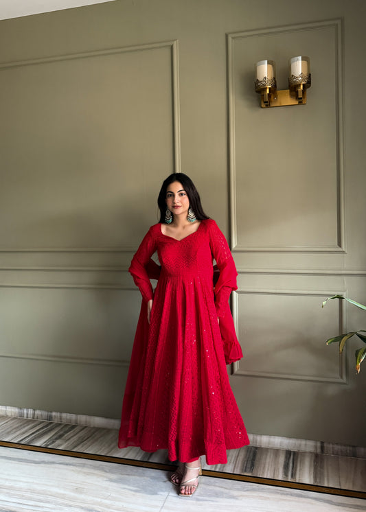 Red Lucknowi Anarkali Gown in Soft Georgette with Sequin & Thread Work