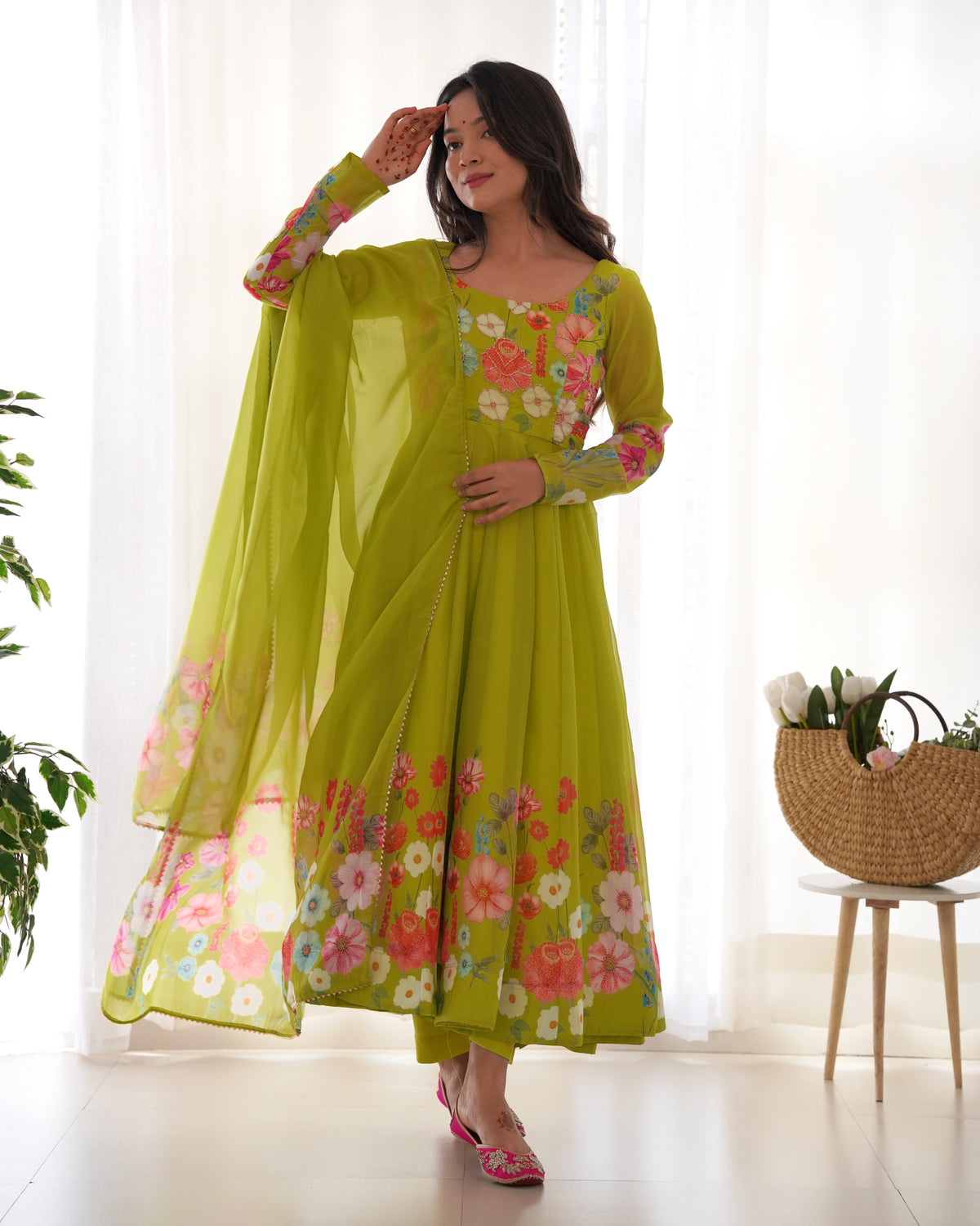 Lime green floral Printed Anarkali suit with dupatta