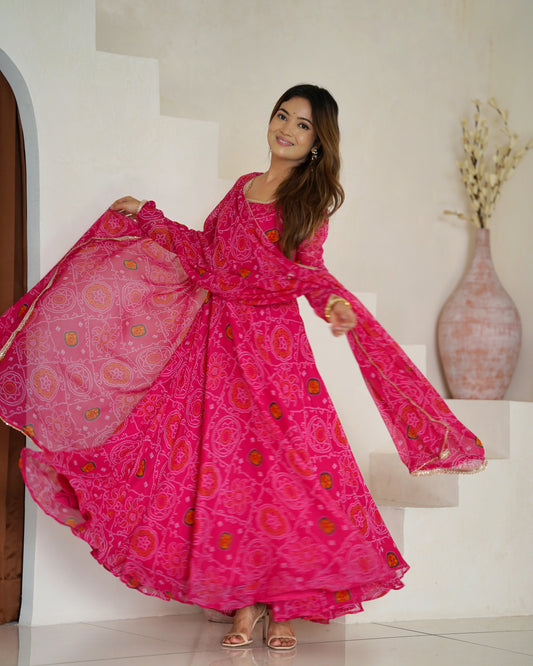Rani pink bandhani anarkali suit with matching dupatta