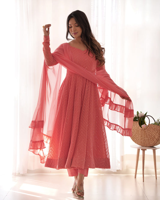 Peach pink georgette Anarkali suit with ruffle dupatta