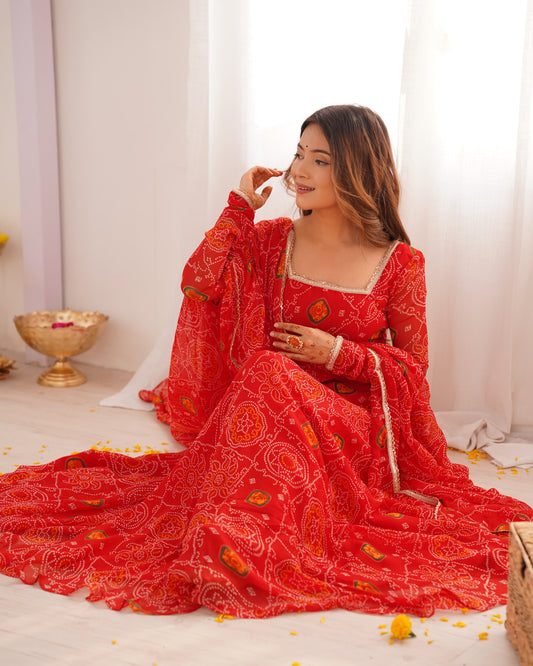 Red bandhani anarkali suit with matching dupatta