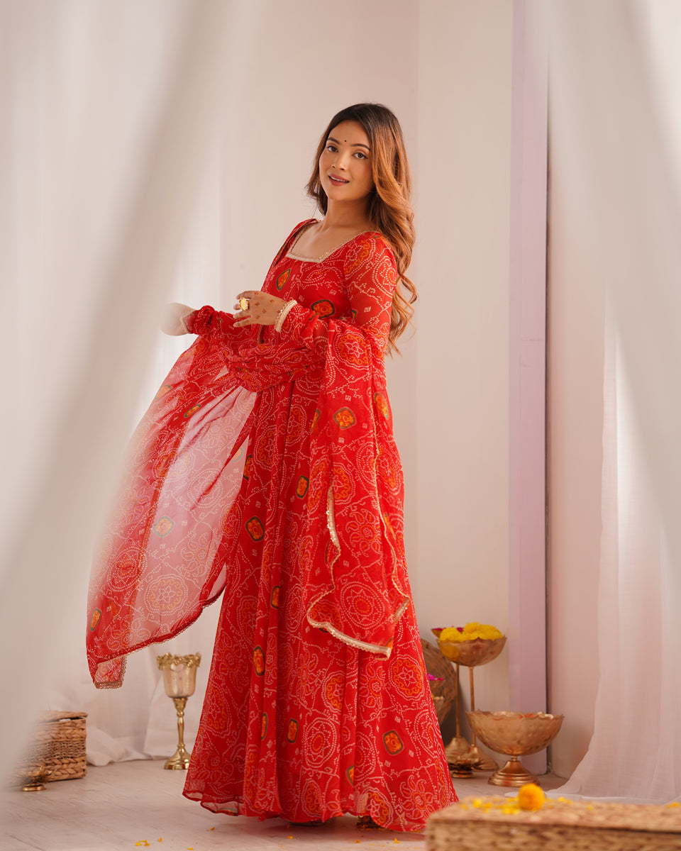 Women's Anarkali Empire Red Bandhani Kurta