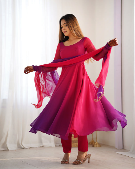 Magenta and purple ombre anarkali suit with matching dupatta