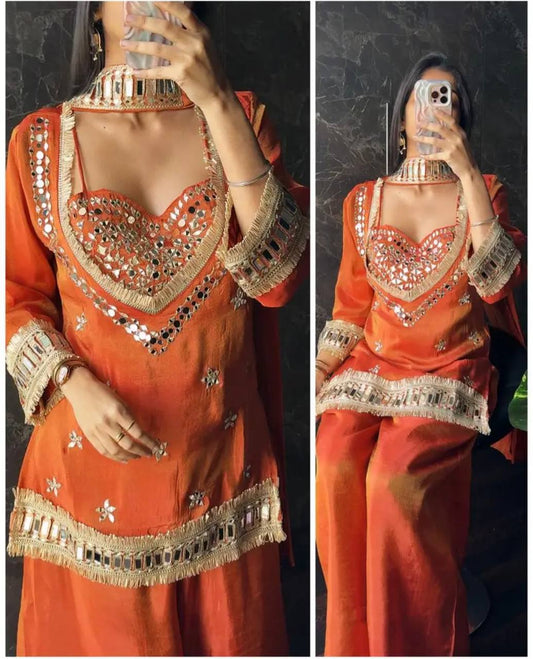 Orange Silk Mirror Work Indo-Western Sharara Set