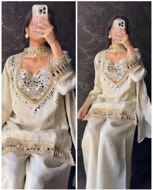 Ivory Silk Mirror Work Indo-Western Sharara Set