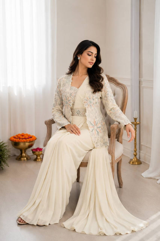 Cream Ready-to-Wear Saree with Embroidered Jacket