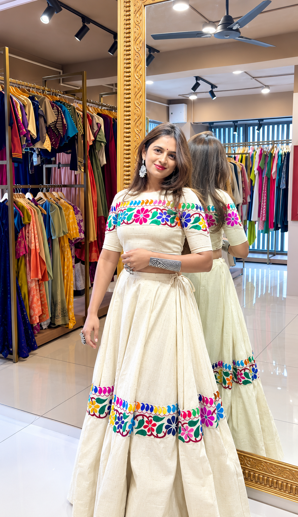 Ivory Kora Cotton Gamthi Mirror Work Lehenga Choli