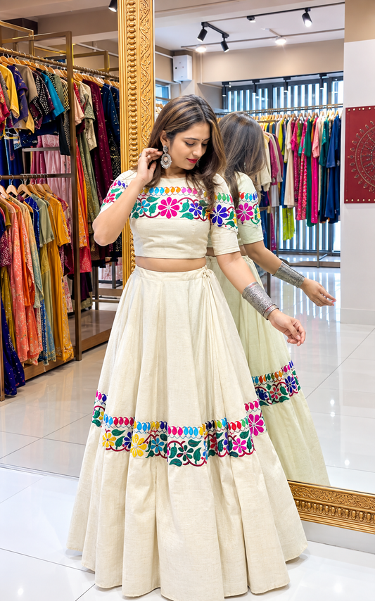 Ivory Kora Cotton Gamthi Mirror Work Lehenga Choli