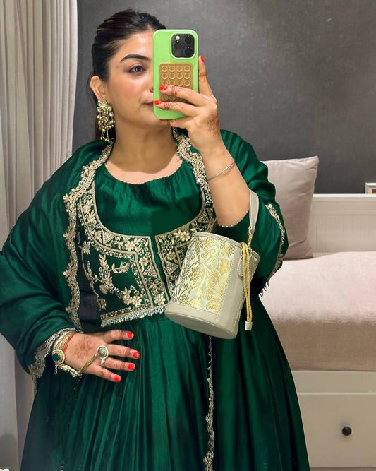 Emerald Green Jacket Style Anarkali Gown with Embroidery Work
