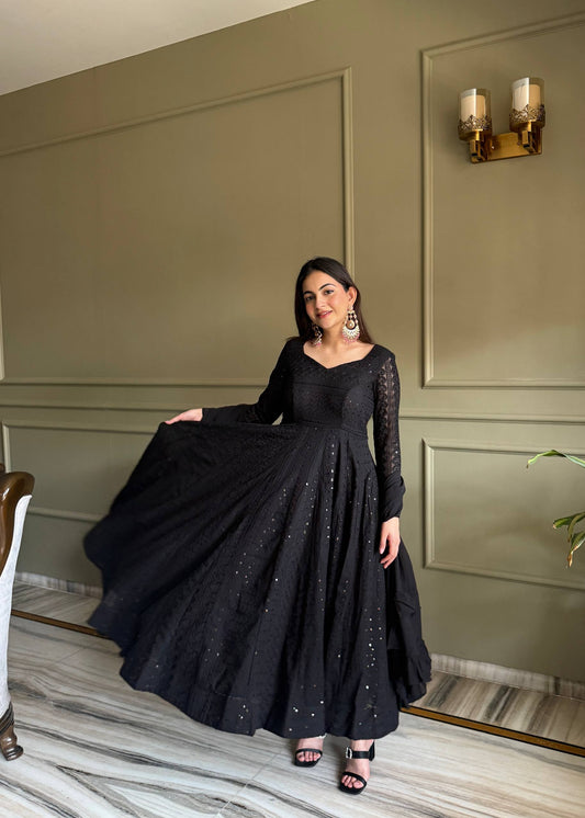 Black Lucknowi Anarkali Gown in Soft Georgette with Sequin & Thread Work