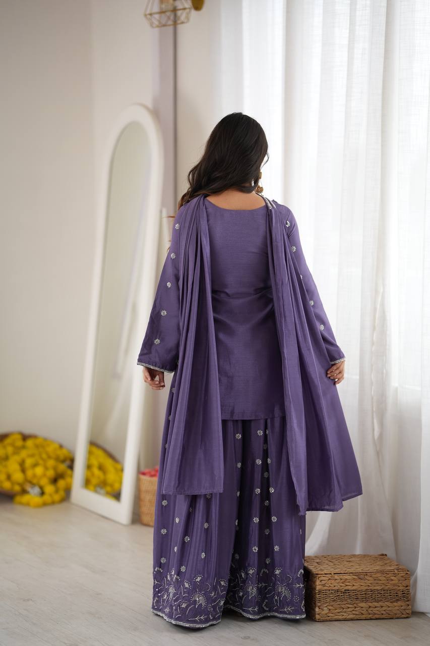 Lavender Purple Silk Sharara Suit with Beads & Sequin Work and Matching Dupatta