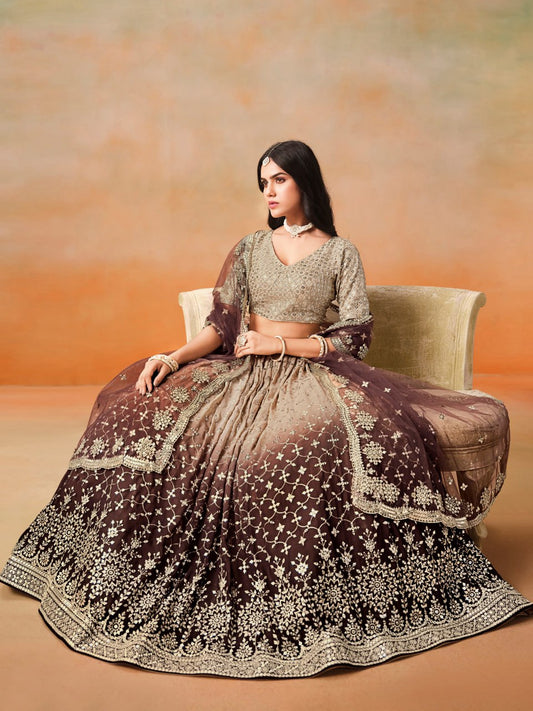Brown Zari Georgette Embroidered Lehenga Choli with Net Dupatta