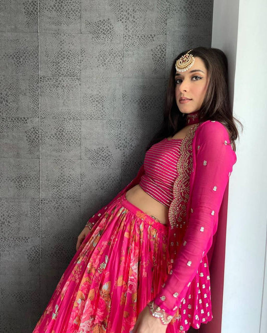 Floral Print Pink Lehenga with Jacket And Dupatta