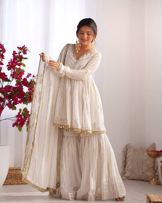 Ivory White Real Mirror Embroidered Chanderi Sharara Suit with Dupatta