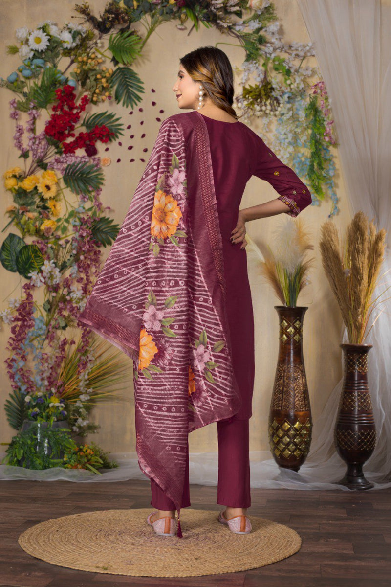 Mauve Embroidered Chinon Straight Suit Sets With Dupatta main image 1