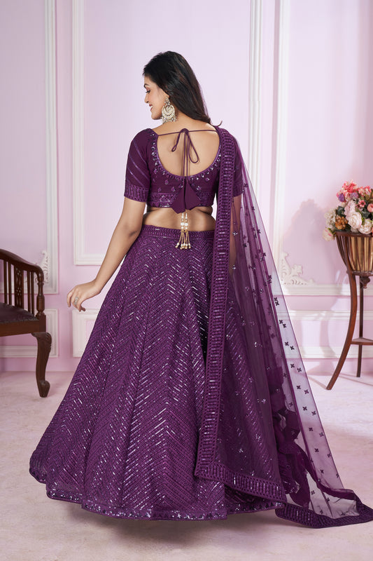 Plum Purple Sequin Embroidered Lehenga Choli with Sheer Dupatta