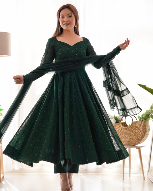 Bottle green net anarkali gown with dupatta for party wear