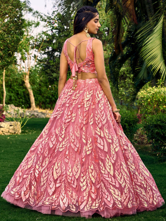 Pink Sequins Net Bridesmaid Lehenga Choli for Wedding and Reception