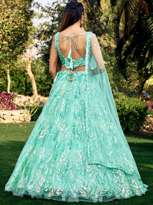 Turquoise blue Sequin Net Lehenga Choli for Wedding and Reception