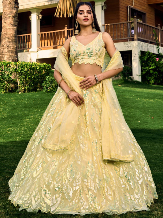 Yellow Sequins Net Bridesmaid Lehenga Choli for Wedding and Reception