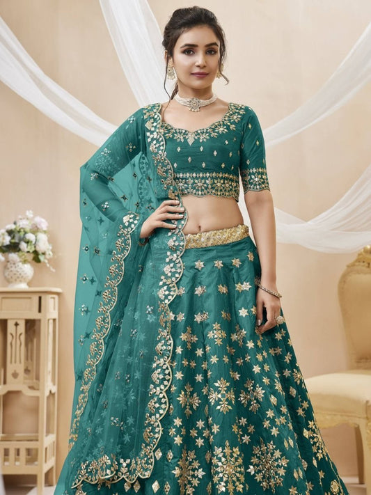 Elegant Teal Green Zari Art Silk Lehenga Choli with Dupatta