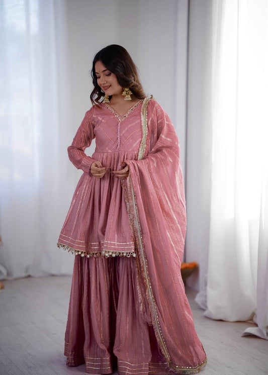 Dusty Pink Gota Patti and Real Mirror Embroidered Chanderi Sharara Suit with Dupatta