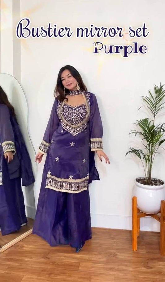 Purple Silk Mirror Work Indo-Western Sharara Set