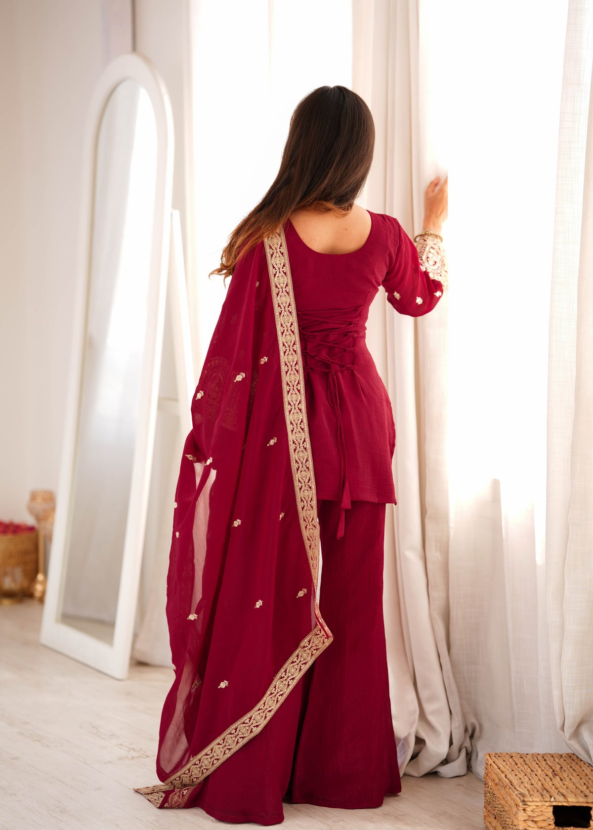 Maroon Crunchy Silk Pakistani Suit with Bell Bottom Palazzo & Embroidered Dupatta