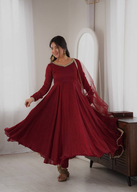 Maroon Flared Anarkali Gown with Real Mirror Work Lace Border