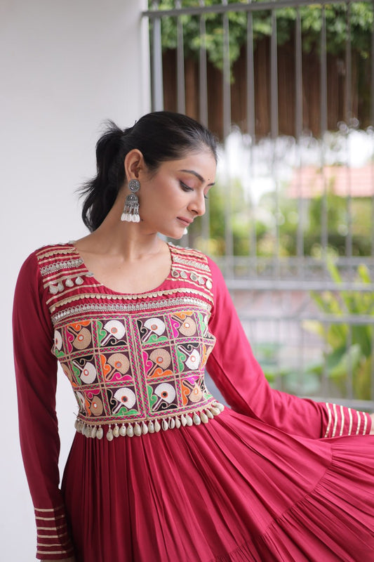 Maroon Navratri Gamthi Work Gown with Kutchi Embroidery & Mirror Work