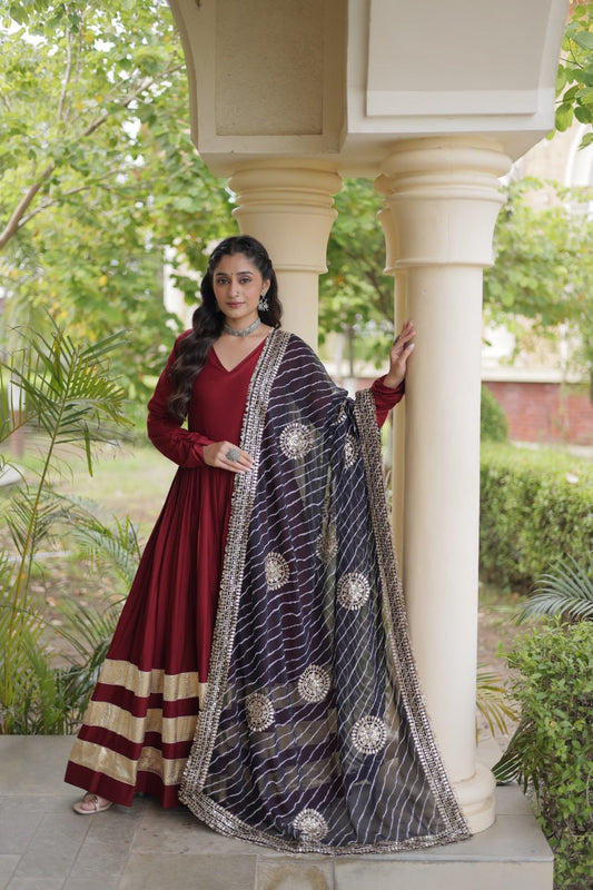 Maroon Rayon Gota Patti Gown with Leheriya Zari Dupatta