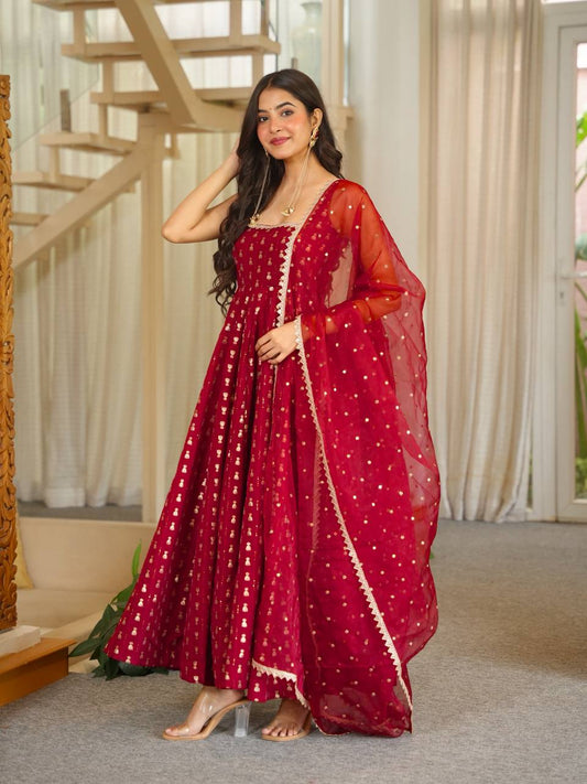 Maroon Jacquard Anarkali Gown with Golden Butti & Matching Dupatta