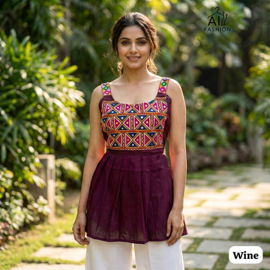 Multicolor Gamthi Embroidered Sleeveless Short Top