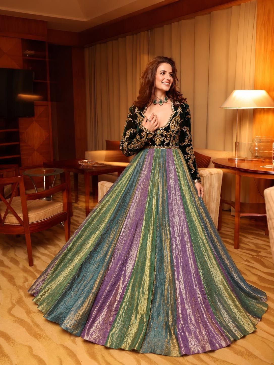 Multicolour Panel Gown with Dark Green Embroidered Bodice & Matching Dupatta
