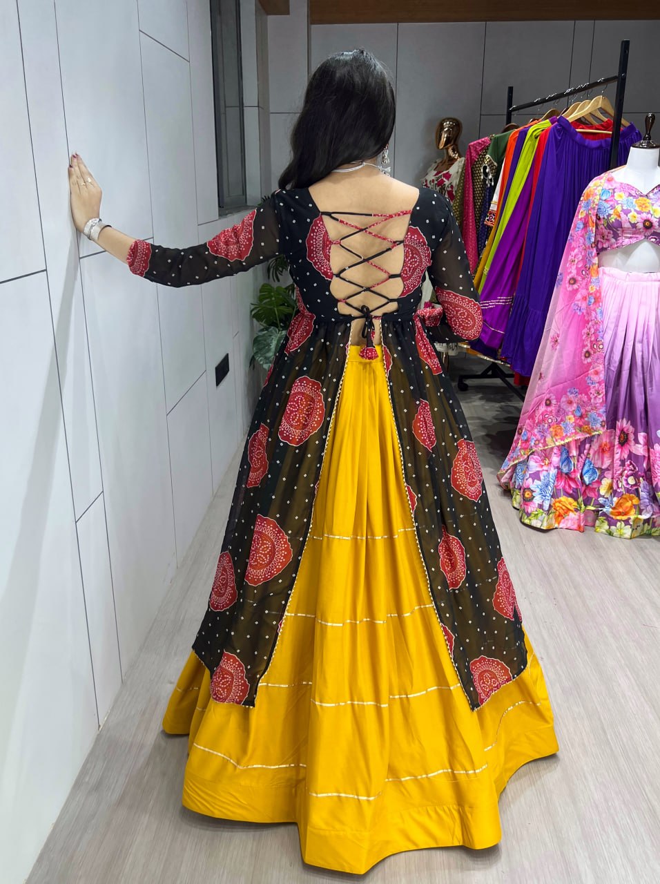Designer Mustard Lehenga Choli with Black Bandhani Kurti for Garba & Dandiya