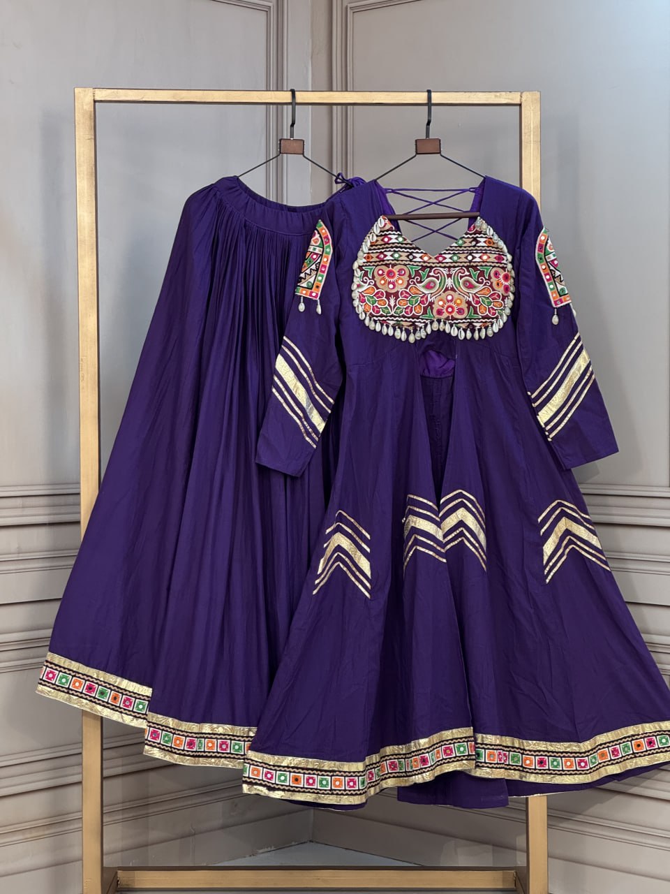 Navratri Lehenga with Kurti Style Top in Gamthi Mirror Work