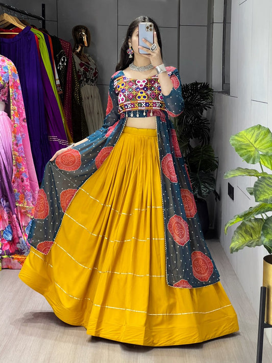 Designer Mustard Lehenga Choli with Black Bandhani Kurti for Garba & Dandiya
