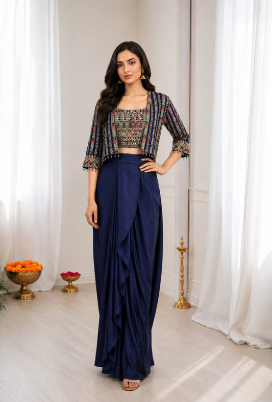 Navy Blue Printed Embroidery Work Indo Western Outfit