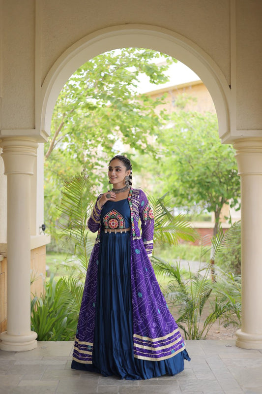 Navy Blue Rayon Lehenga Choli & Purple Bandhani Gamthi Patchwork Shrug